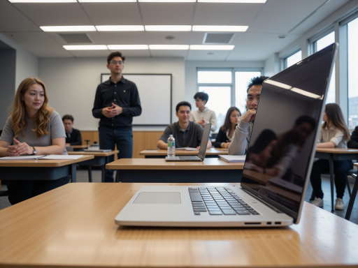 恋爱成长学院教学场景，现代办公室环境，导师正在授课，学员专注学习，明亮自然光线