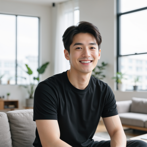 三十岁左右男性头像，穿深色衬衫，自信微笑，浅色背景